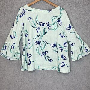 Charter Club Fairy Cottagecore Linen Sz Large Green Floral Top Flutter Sleeves